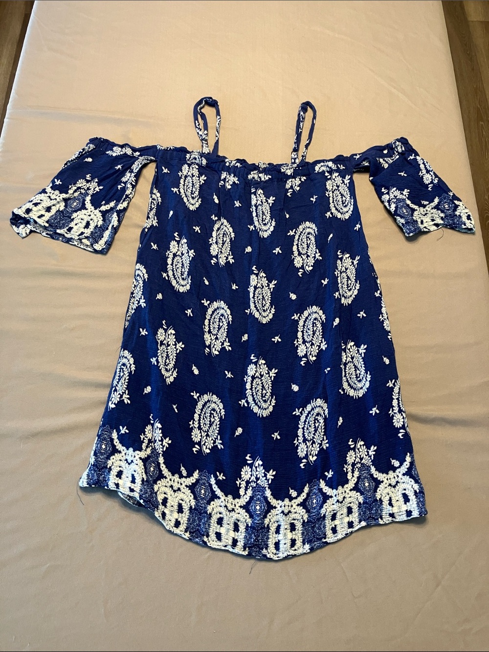Mimi Chica Navy Blue Off-Shoulder Paisley Tunic with White Embroidery